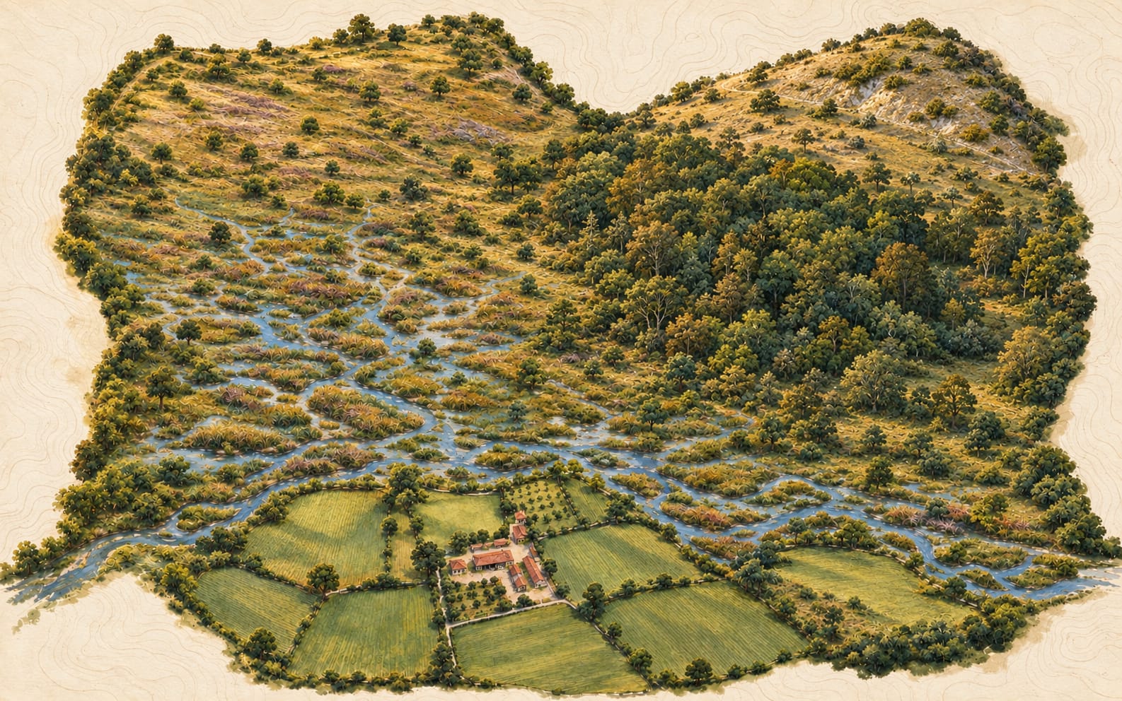 Painted map of Hartmoor Farm restored, one connected landscape.