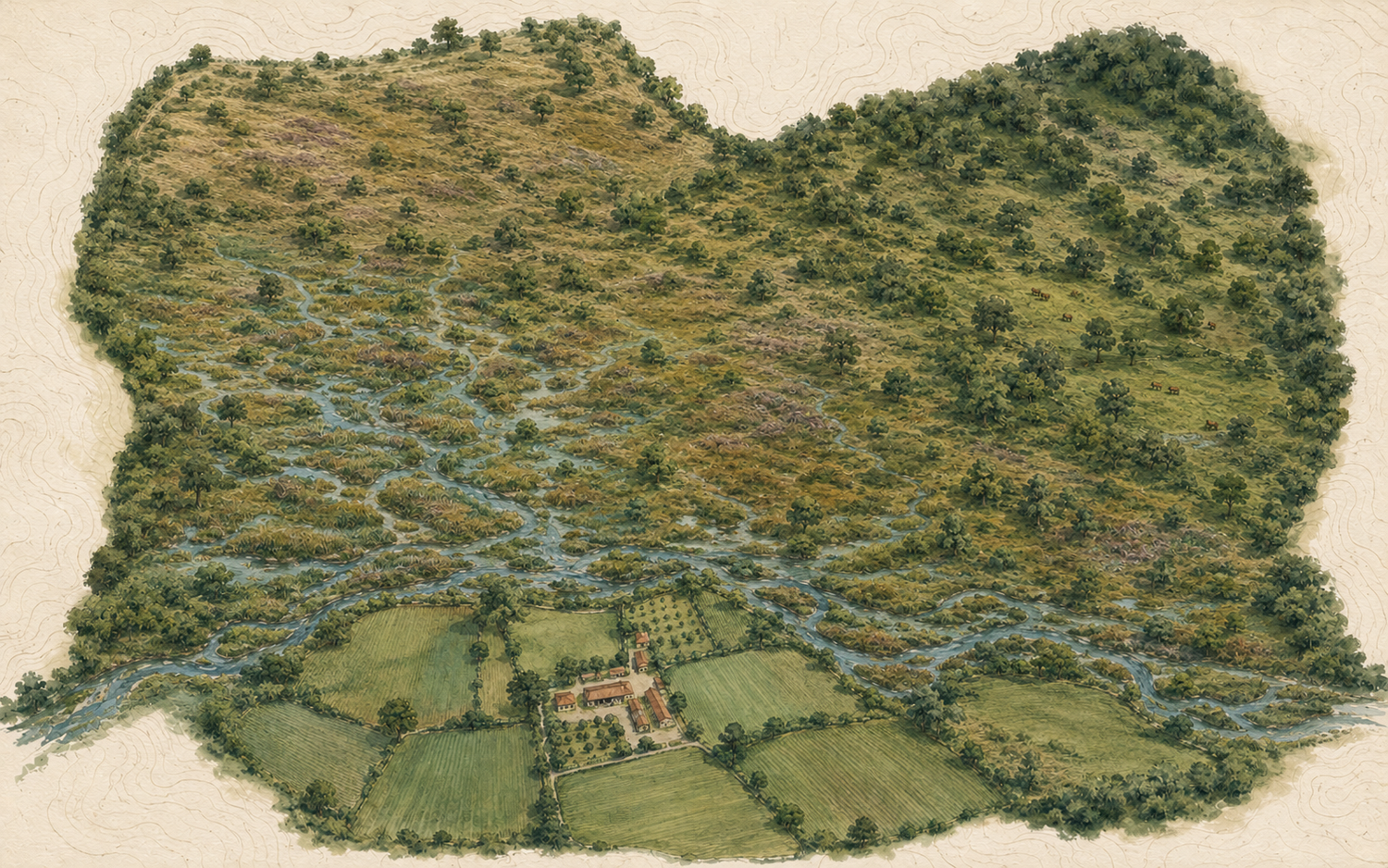 Painted map of Hartmoor Farm restored, one connected landscape.